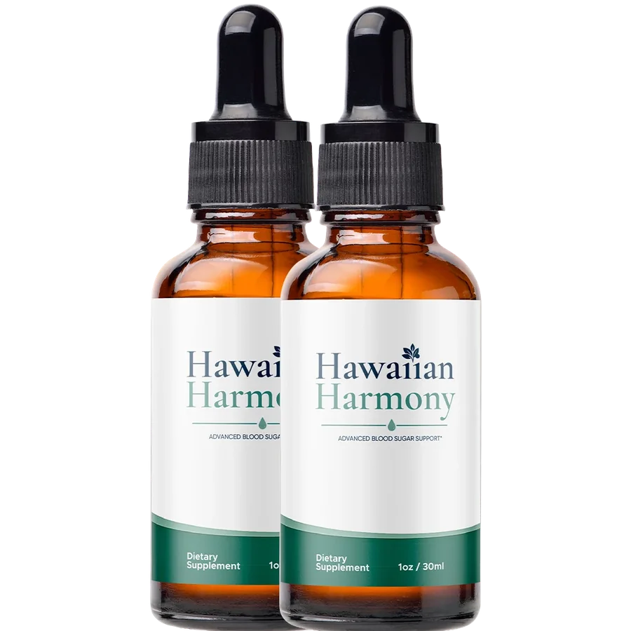 Two Hawaiian Harmony dropper bottles, deep green label, 1 oz each.