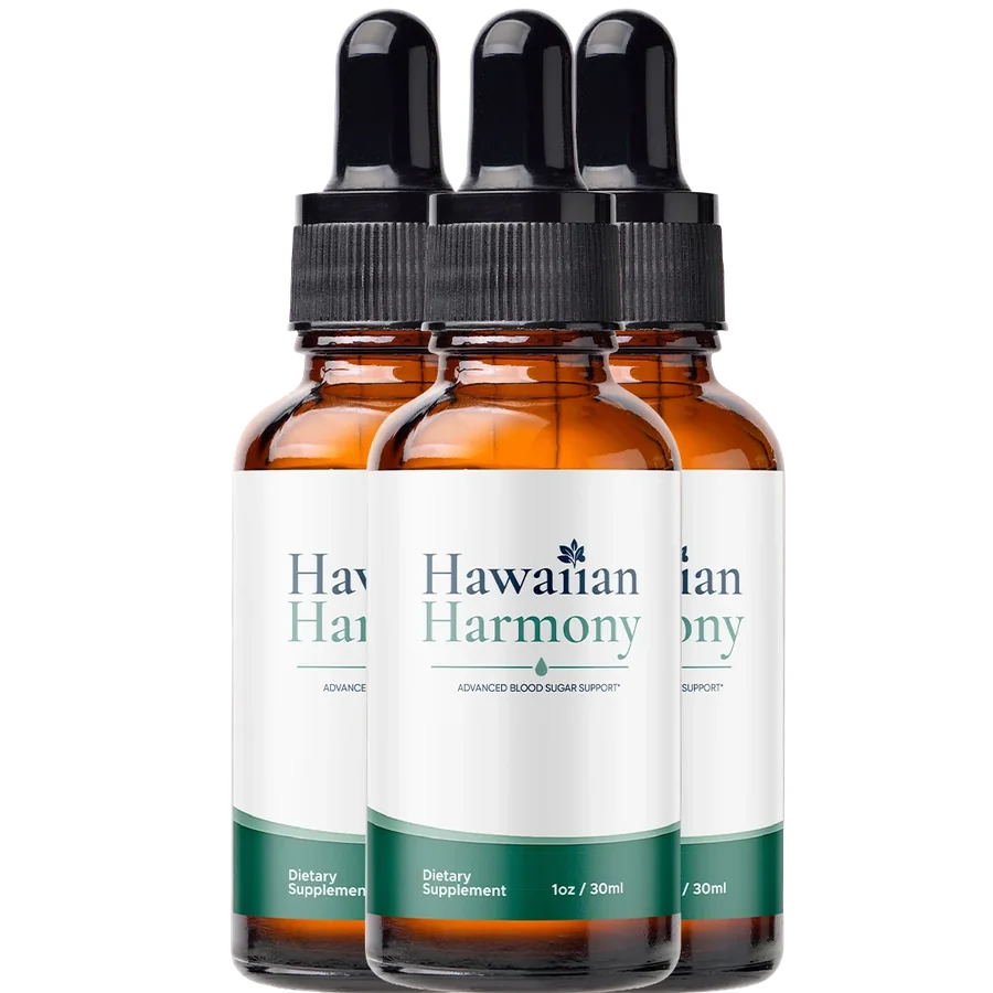 Three Hawaiian Harmony dropper bottles.