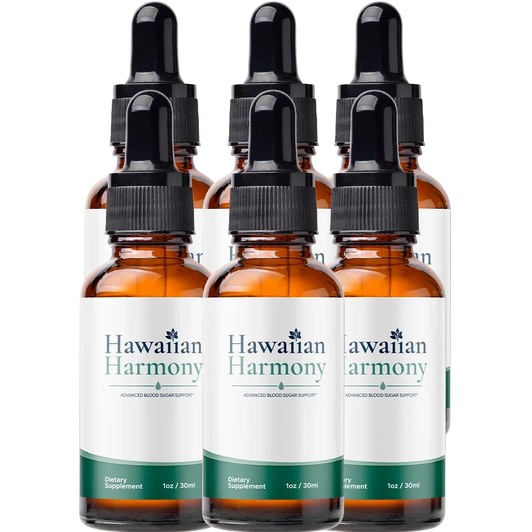 Six Hawaiian Harmony dropper bottles.