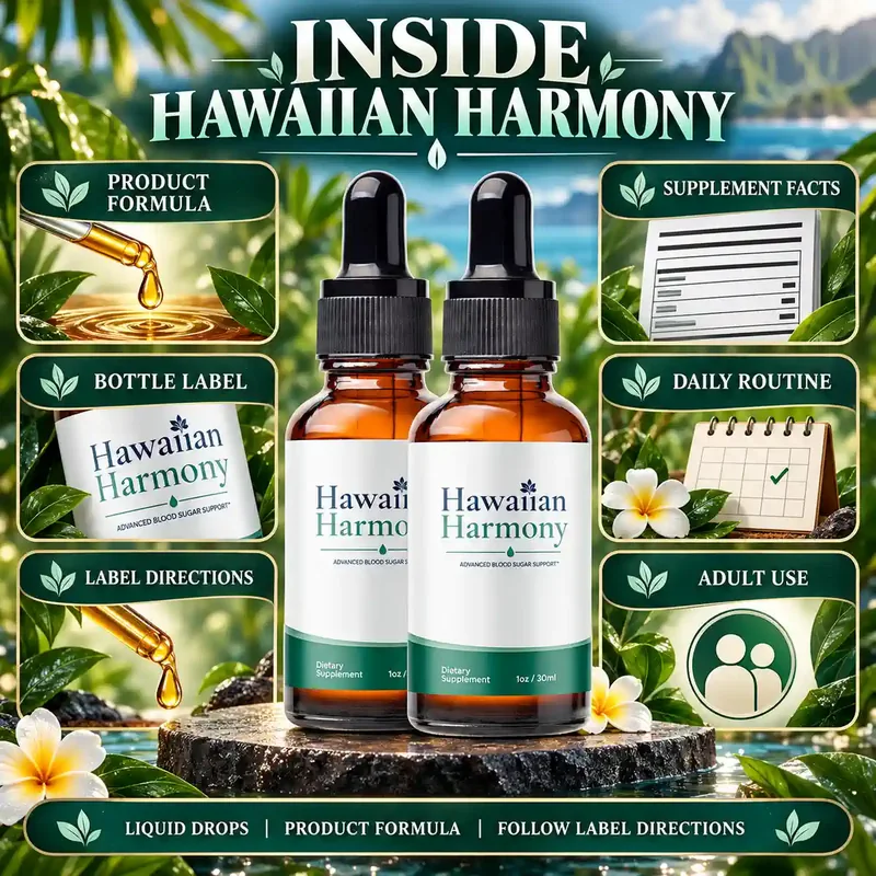 Collage of the Hawaiian Harmony bottle, dropper and label