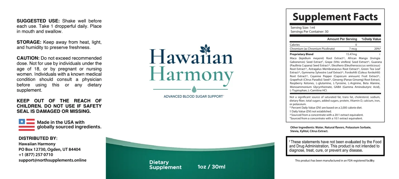 The Hawaiian Harmony label flat: suggested use, storage and caution on the left, the brand mark and Advanced Blood Sugar Support in the centre, the Supplement Facts panel on the right.