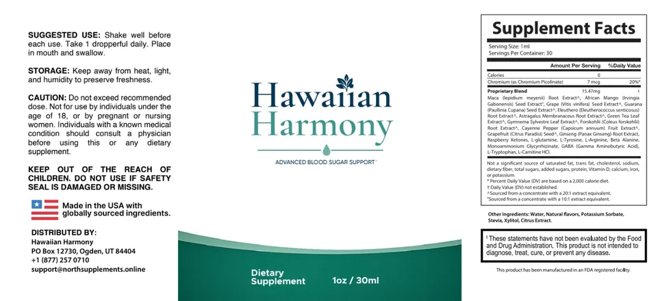 The Hawaiian Harmony Supplement Facts panel, listing the 15.47 mg proprietary blend