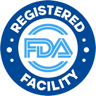 Blue roundel reading FDA Registered Facility.