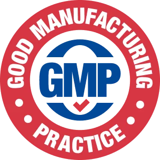 Magenta seal reading GMP Good Manufacturing Practice.